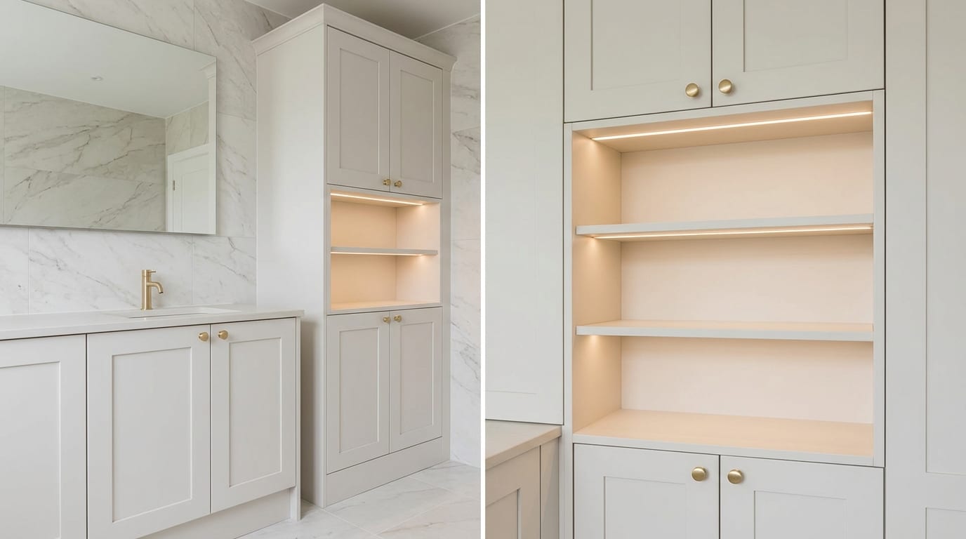 Fitted bathroom storage in pale colour, Wetherby