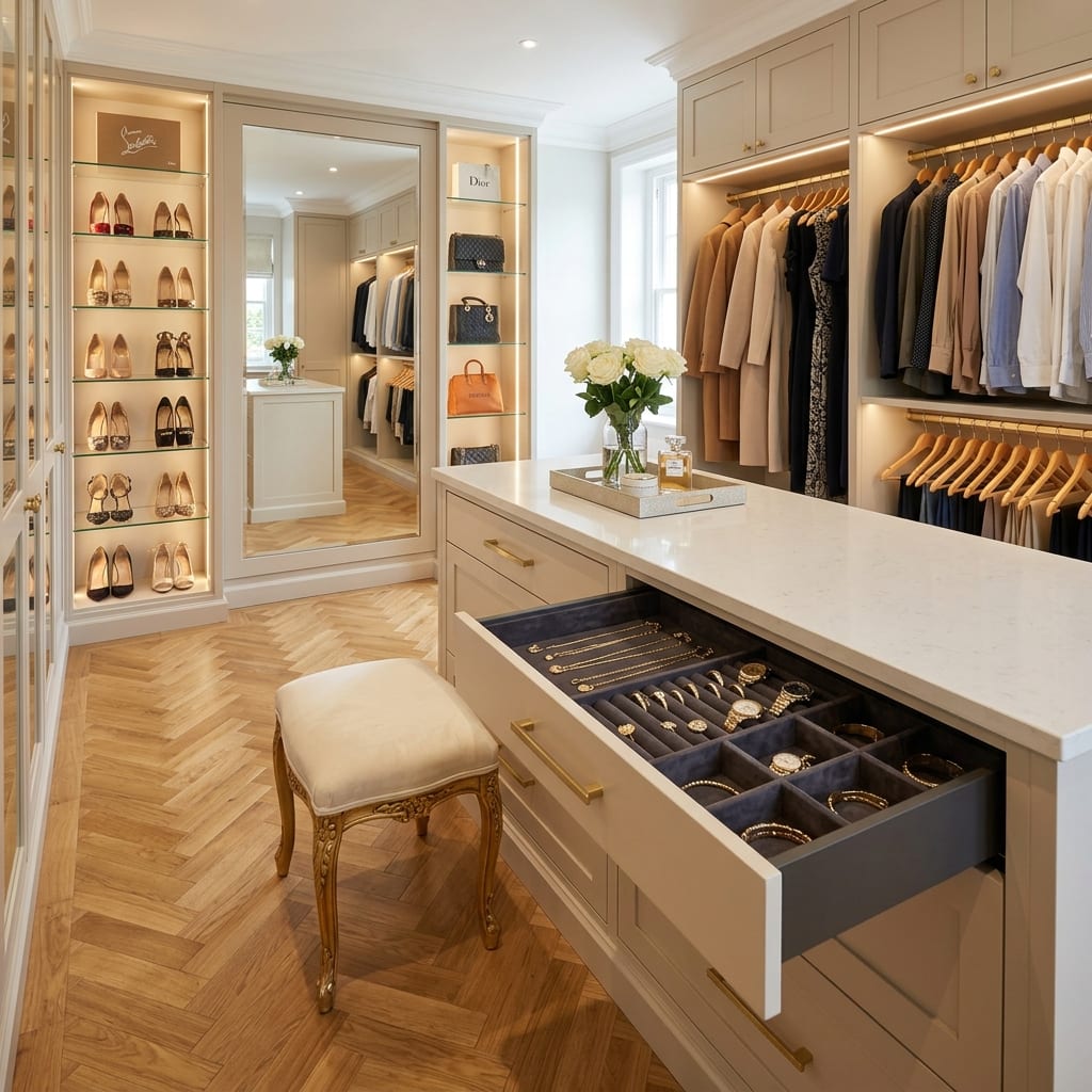 Dressing room interior with soft-close drawers, Harrogate