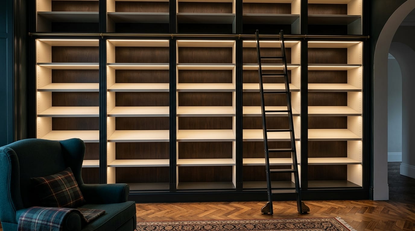 Home office library wall with integrated lighting, Wetherby